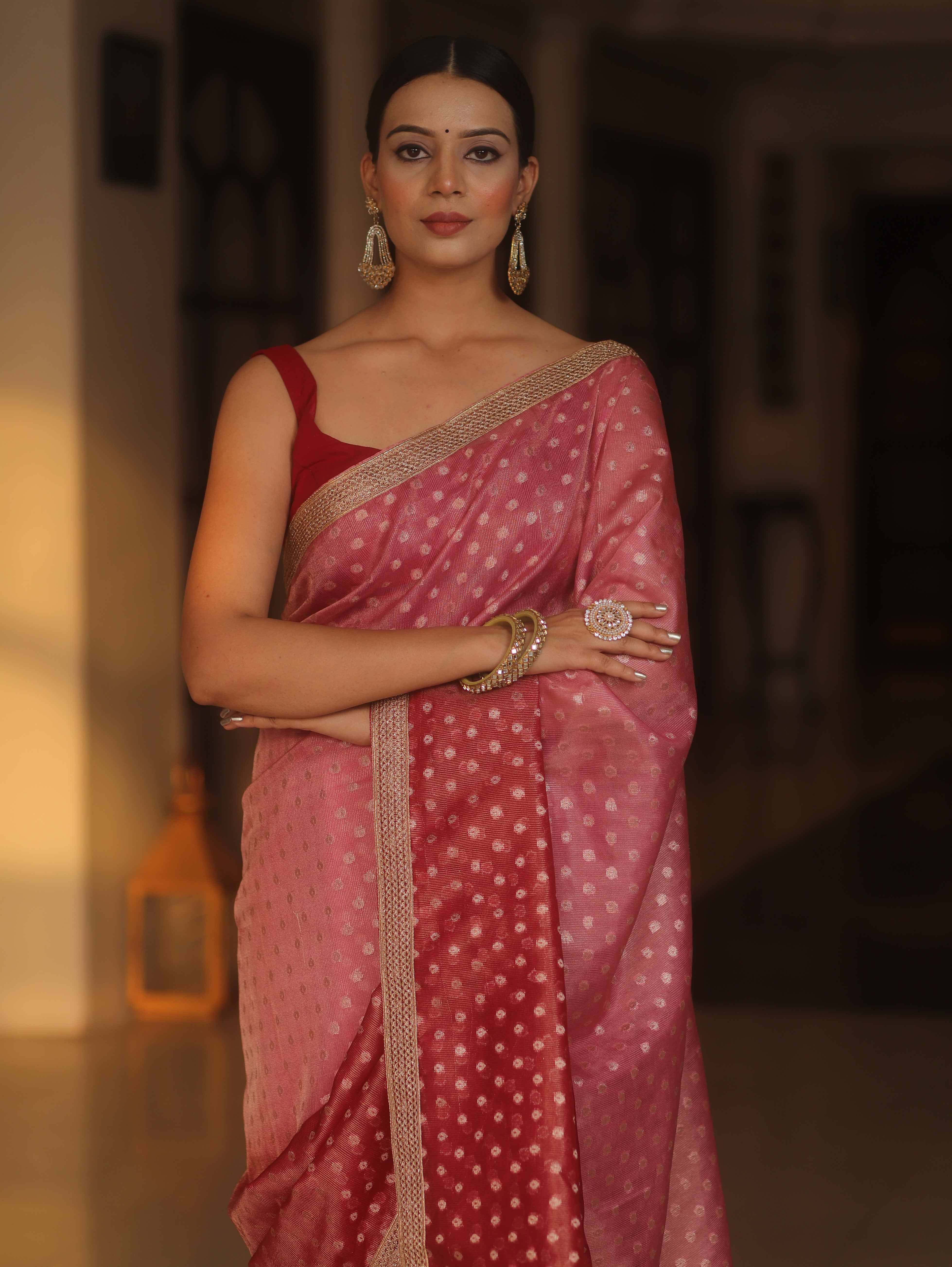 Banarasee Handwoven Tissue Dual Color Saree With Zari Buta & Lace-Pink & Maroon