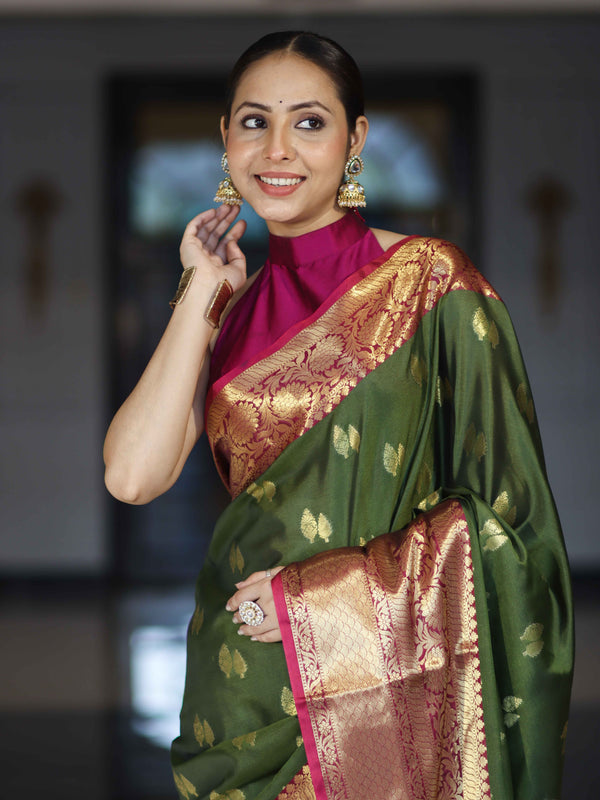 Banarasee Handloom Semi Silk Saree With Zari Buta Design & Contrast Broad Border-Green & Magenta