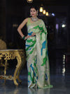 Banarasee Handloom Mashru Silk Saree With Zari Work & Floral Border-Green