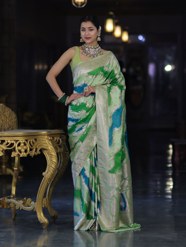 Banarasee Handloom Mashru Silk Saree With Zari Work & Floral Border-Green