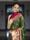 Banarasee Handloom Semi Silk Saree With Zari Buta Design & Contrast Broad Border-Green & Magenta