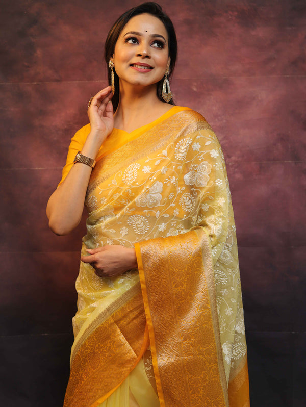 Banarasee Handwoven Organza Floral Embroidery Saree-Yellow