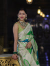 Banarasee Handloom Mashru Silk Saree With Zari Work & Floral Border-Green