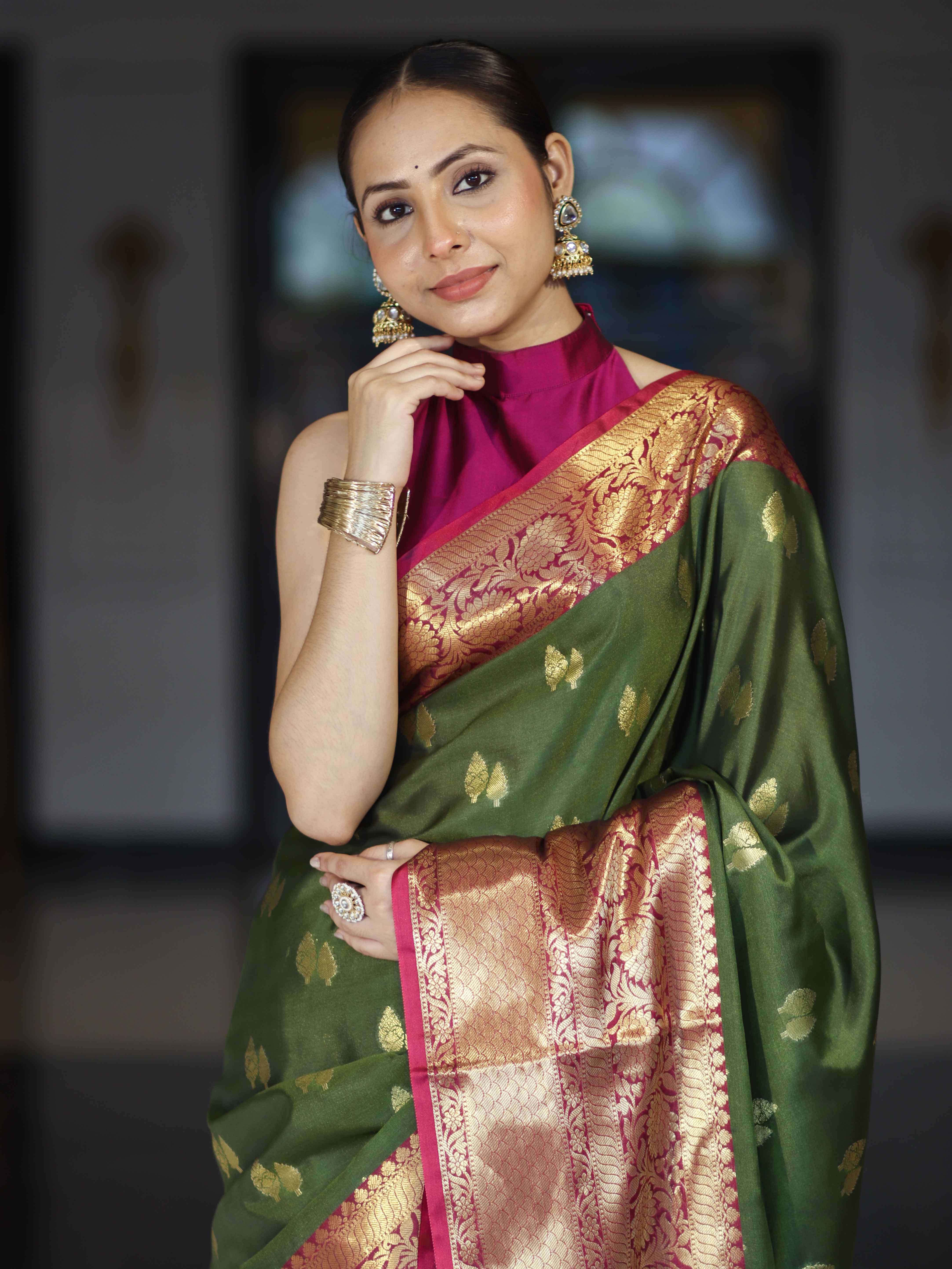 Banarasee Handloom Semi Silk Saree With Zari Buta Design & Contrast Broad Border-Green & Magenta