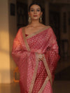 Banarasee Handwoven Tissue Dual Color Saree With Zari Buta & Lace-Pink & Maroon