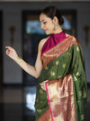 Banarasee Handloom Semi Silk Saree With Zari Buta Design & Contrast Broad Border-Green & Magenta
