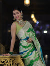 Banarasee Handloom Mashru Silk Saree With Zari Work & Floral Border-Green