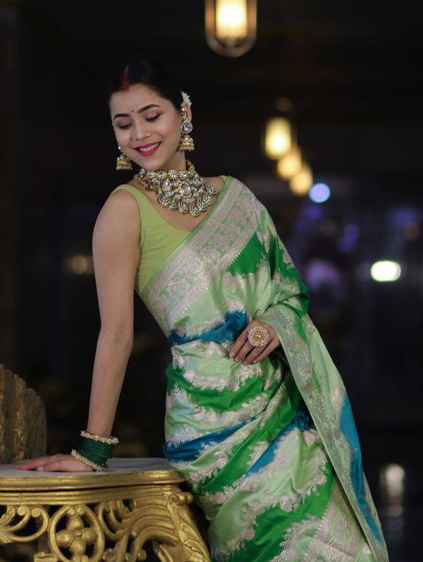 Banarasee Handloom Mashru Silk Saree With Zari Work & Floral Border-Green