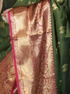 Banarasee Handloom Semi Silk Saree With Zari Buta Design & Contrast Broad Border-Green & Magenta