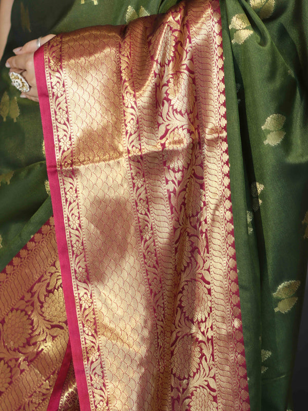 Banarasee Handloom Semi Silk Saree With Zari Buta Design & Contrast Broad Border-Green & Magenta