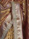 Banarasee Handwoven Tissue Saree With Zari Stripe Pattern Border & Lace-Peach