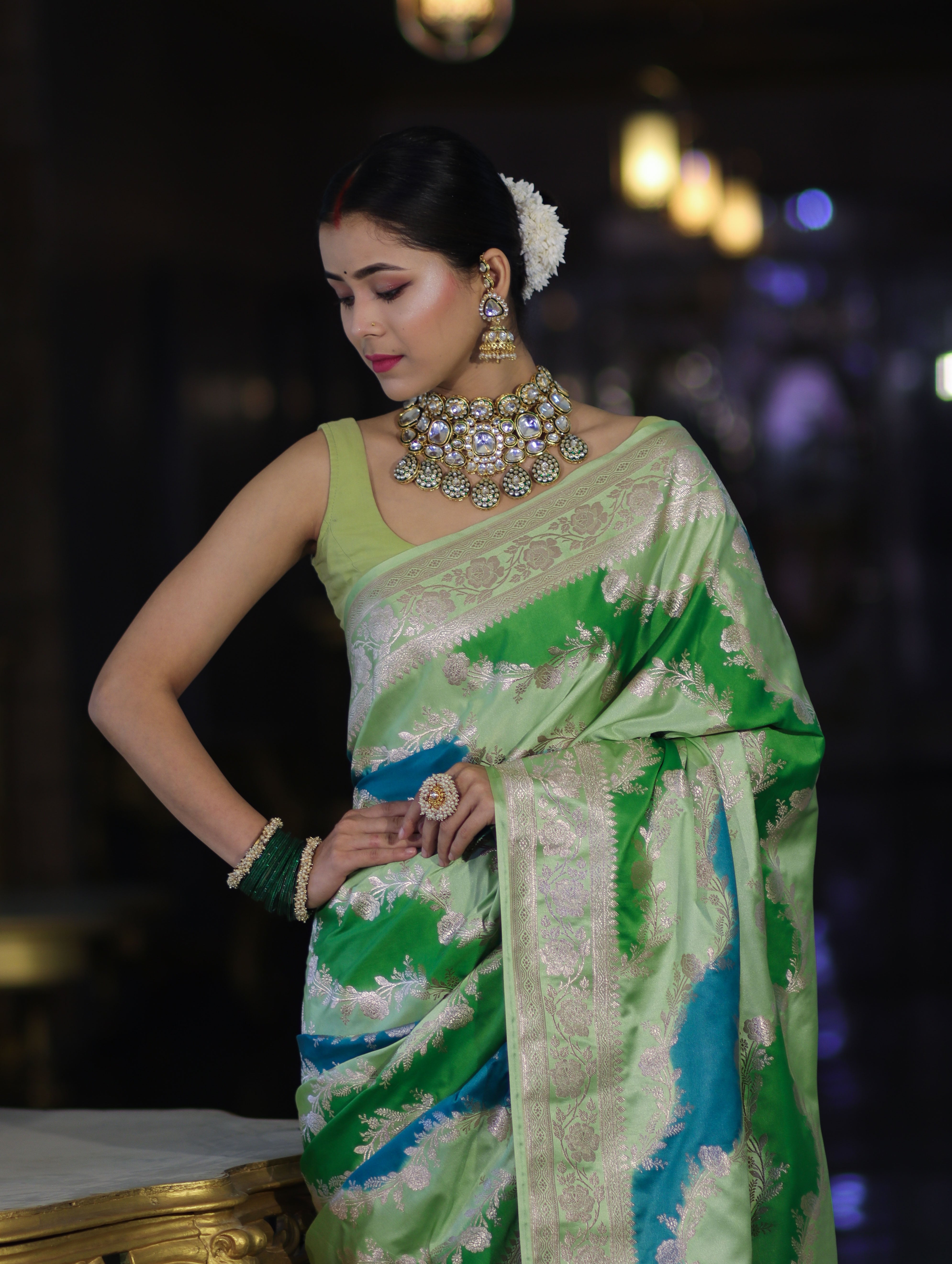 Banarasee Handloom Mashru Silk Saree With Zari Work & Floral Border-Green
