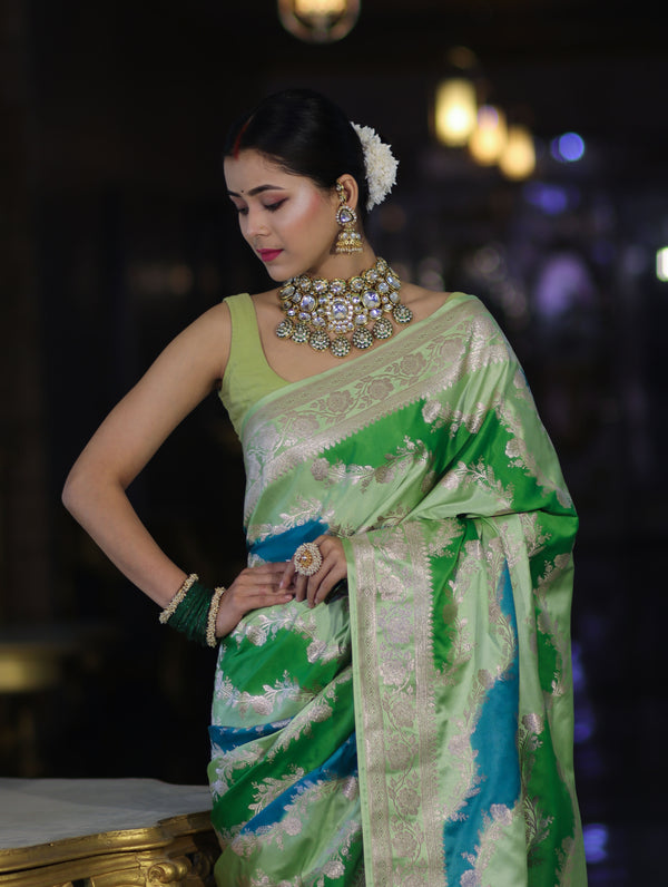 Banarasee Handloom Mashru Silk Saree With Zari Work & Floral Border-Green