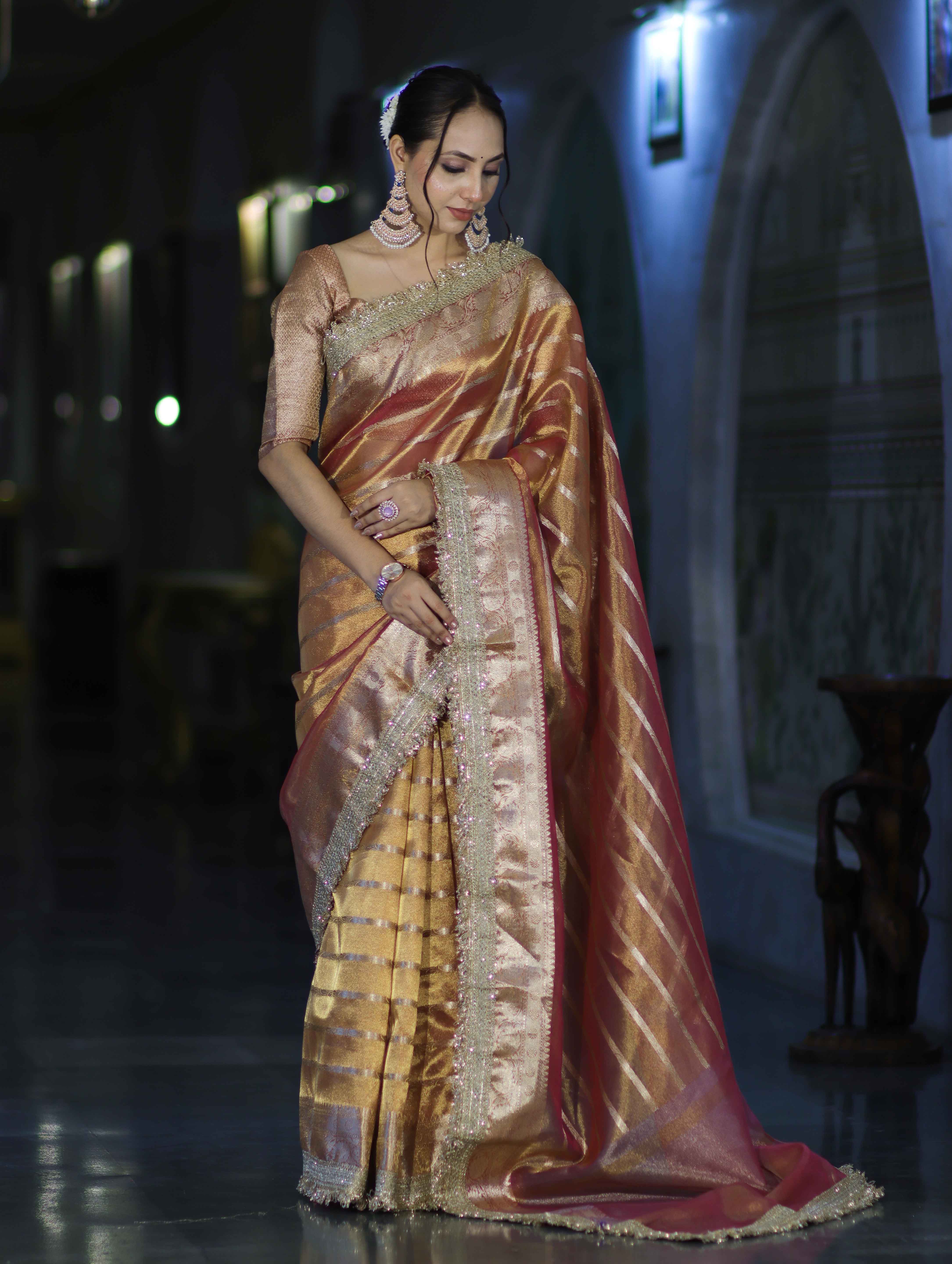 Banarasee Handwoven Tissue Saree With Zari Stripe Pattern Border & Lace-Peach