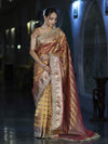 Banarasee Handwoven Tissue Saree With Zari Stripe Pattern Border & Lace-Peach