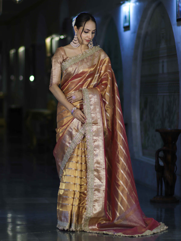 Banarasee Handwoven Tissue Saree With Zari Stripe Pattern Border & Lace-Peach