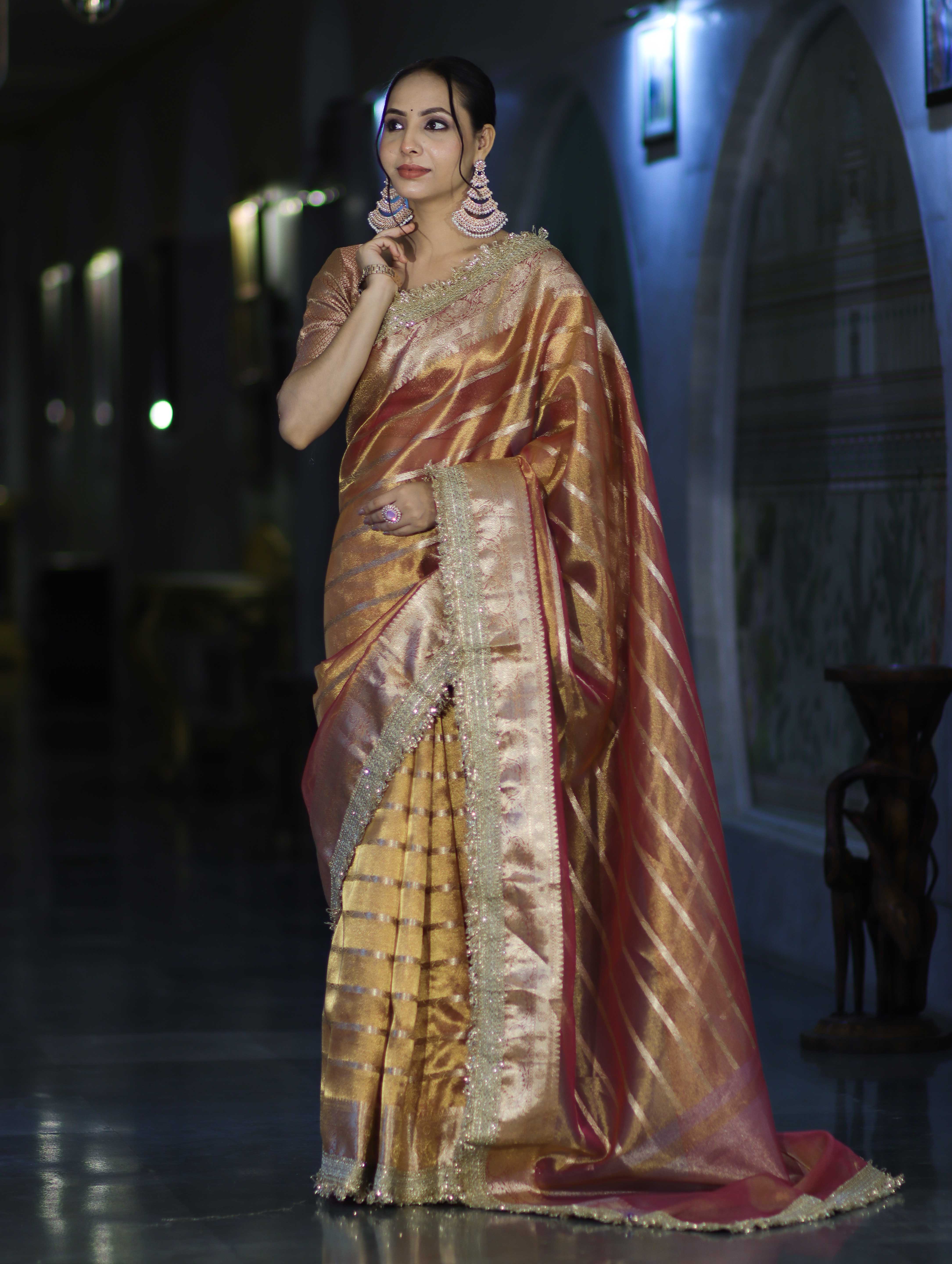 Banarasee Handwoven Tissue Saree With Zari Stripe Pattern Border & Lace-Peach