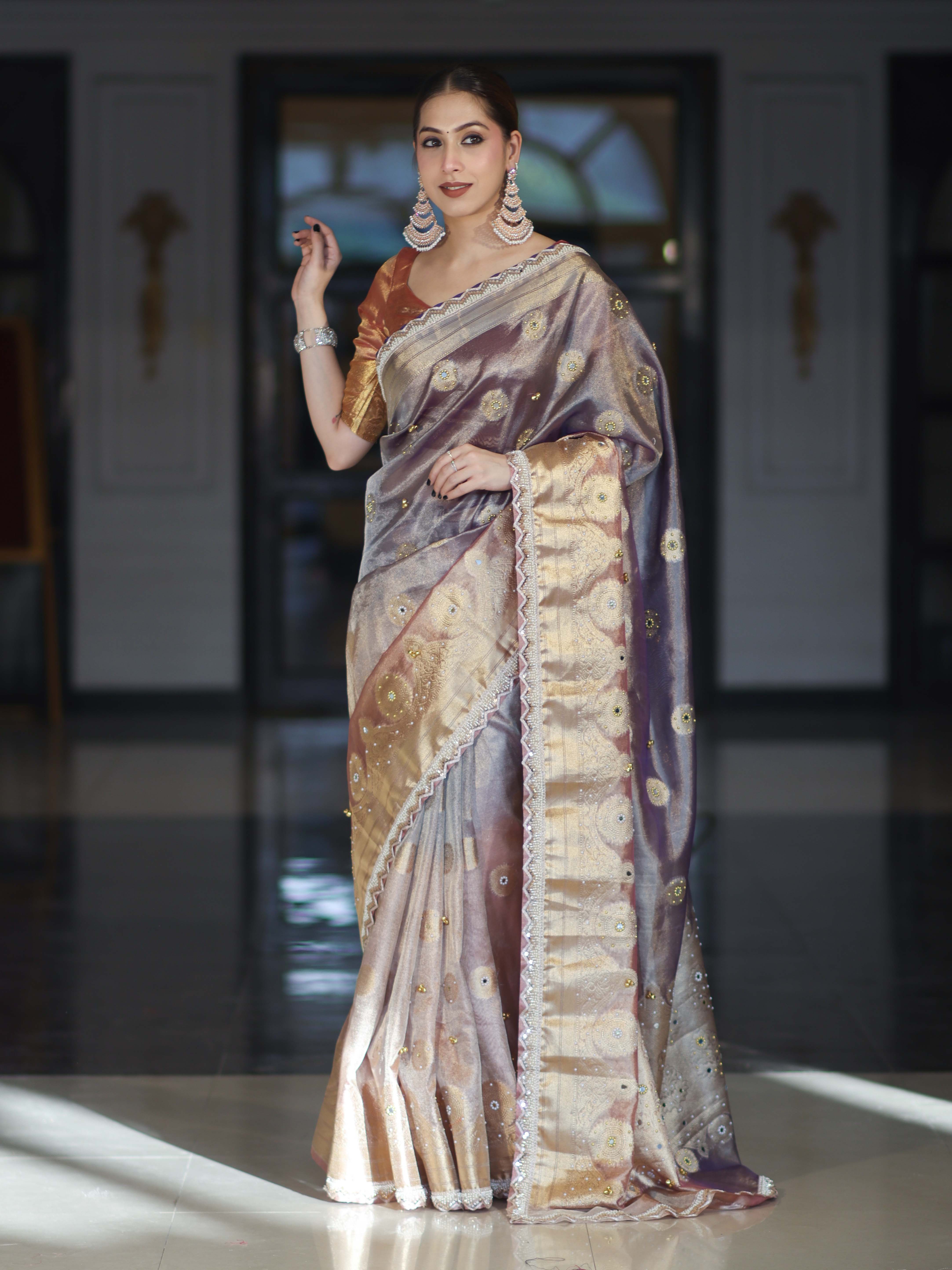 Banarasee Tissue Hand Embroidered Mirror Work Saree With Ghungroo Work & Lace Border-Violet & Pink