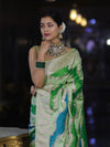 Banarasee Handloom Mashru Silk Saree With Zari Work & Floral Border-Green