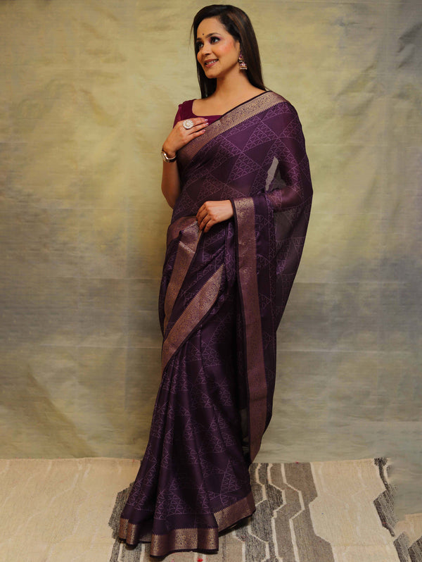 Banarasee Chiffon Blend Saree Chunri Print Zari Border & Silk Blouse-Violet