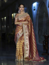 Banarasee Handwoven Tissue Saree With Zari Stripe Pattern Border & Lace-Peach