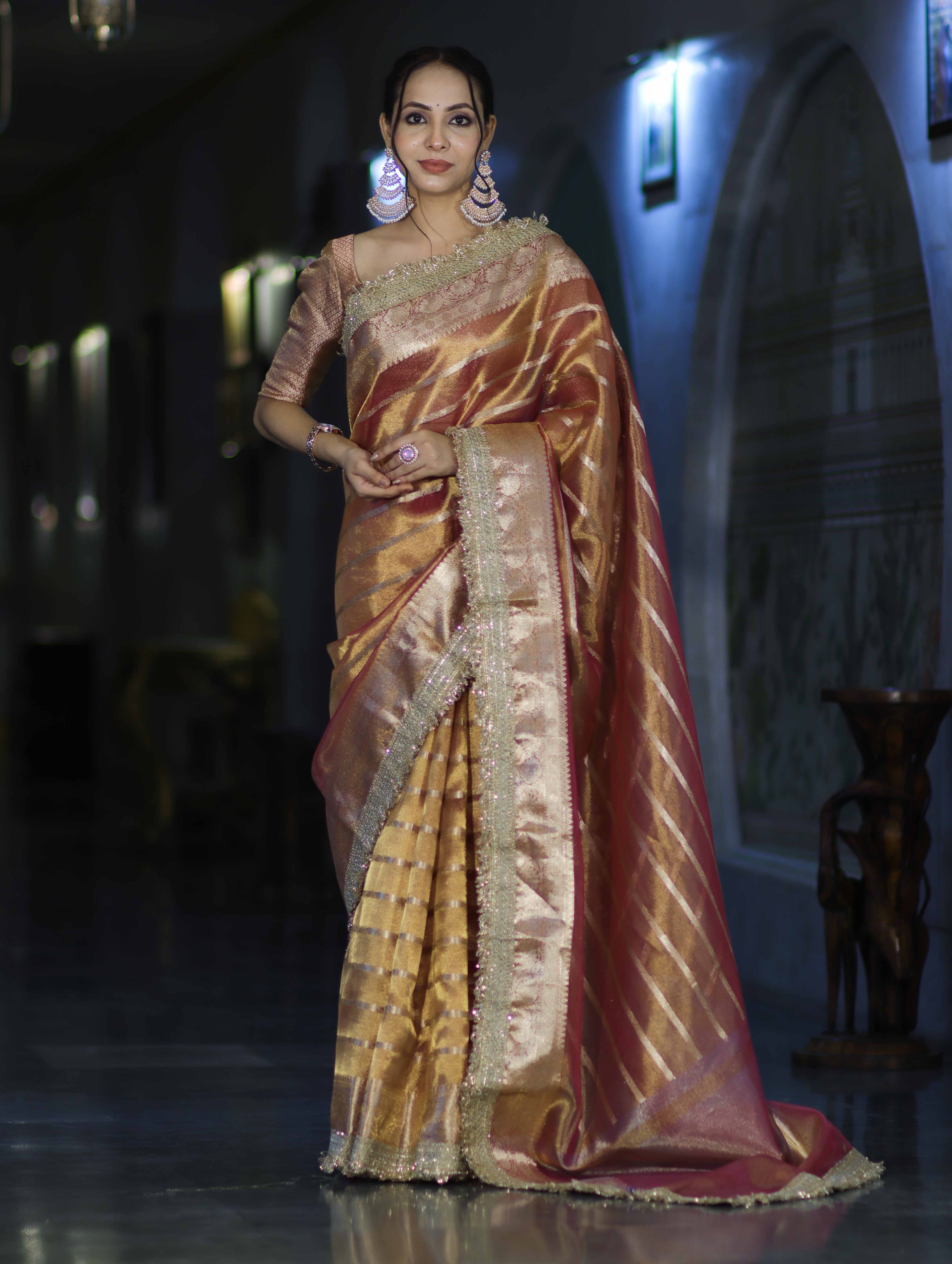 Banarasee Handwoven Tissue Saree With Zari Stripe Pattern Border & Lace-Peach