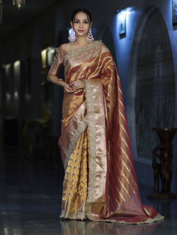 Banarasee Handwoven Tissue Saree With Zari Stripe Pattern Border & Lace-Peach