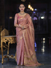 Banarasee Handwoven Tissue Saree With Zari Checks & Border-Peachy Pink