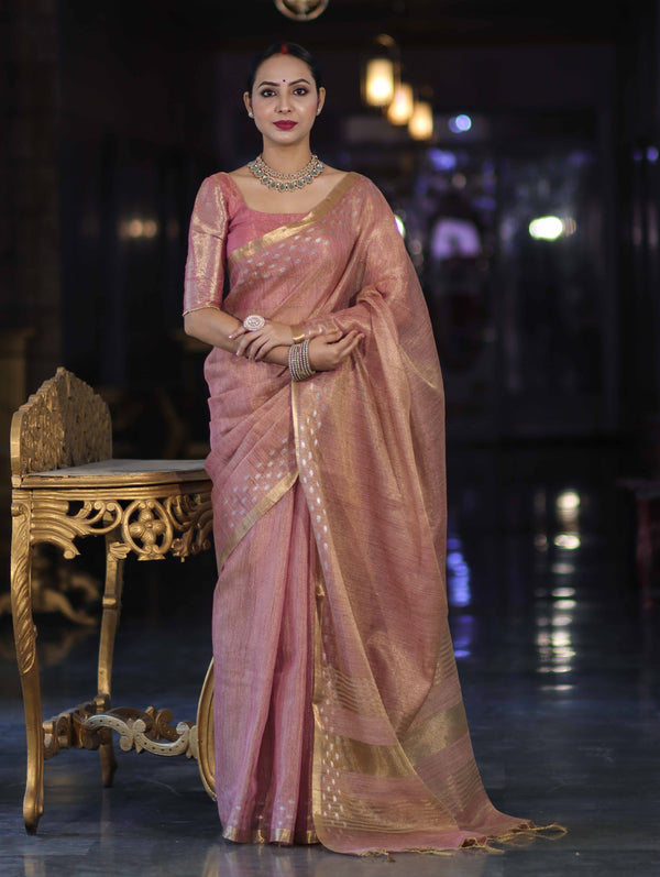 Banarasee Handwoven Tissue Saree With Zari Checks & Border-Peachy Pink