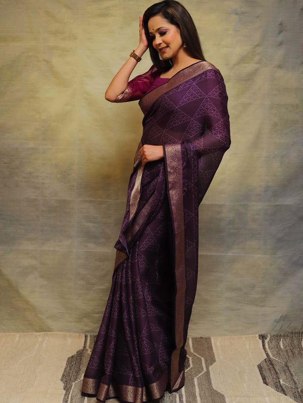 Banarasee Chiffon Blend Saree Chunri Print Zari Border & Silk Blouse-Violet