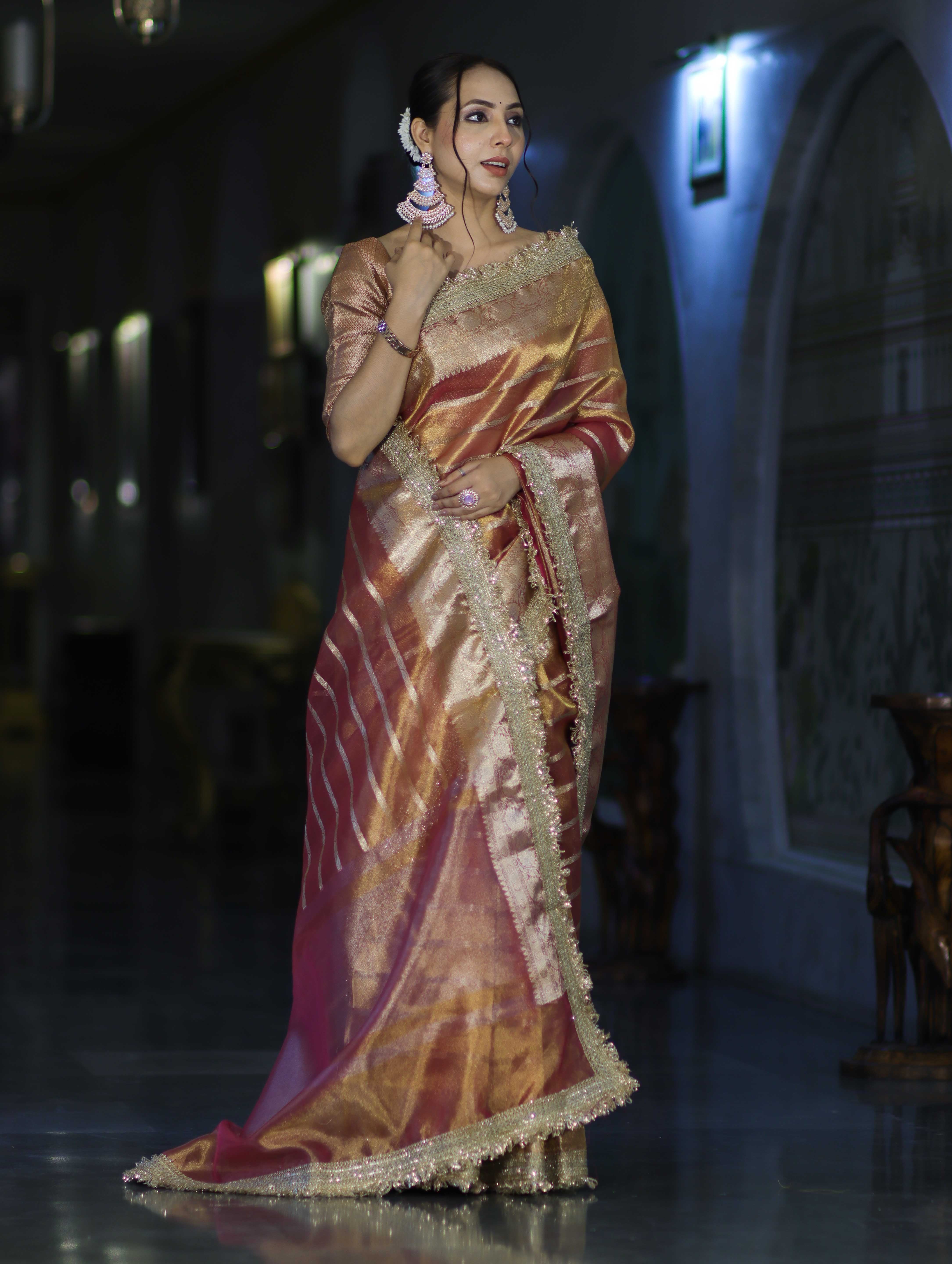 Banarasee Handwoven Tissue Saree With Zari Stripe Pattern Border & Lace-Peach