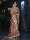 Banarasee Handwoven Tissue Saree With Zari Stripe Pattern Border & Lace-Peach