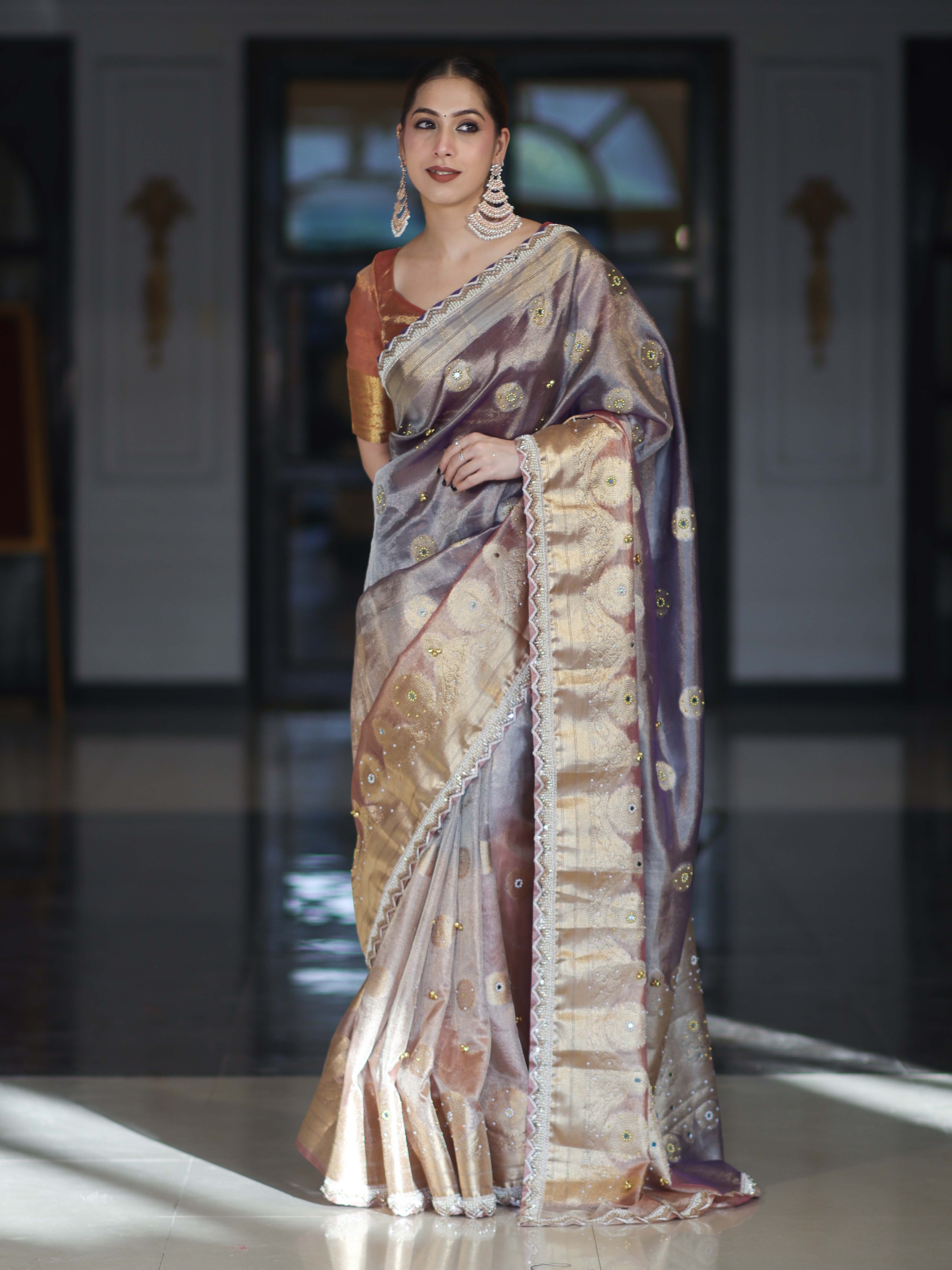 Banarasee Tissue Hand Embroidered Mirror Work Saree With Ghungroo Work & Lace Border-Violet & Pink