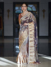 Banarasee Tissue Hand Embroidered Mirror Work Saree With Ghungroo Work & Lace Border-Violet & Pink