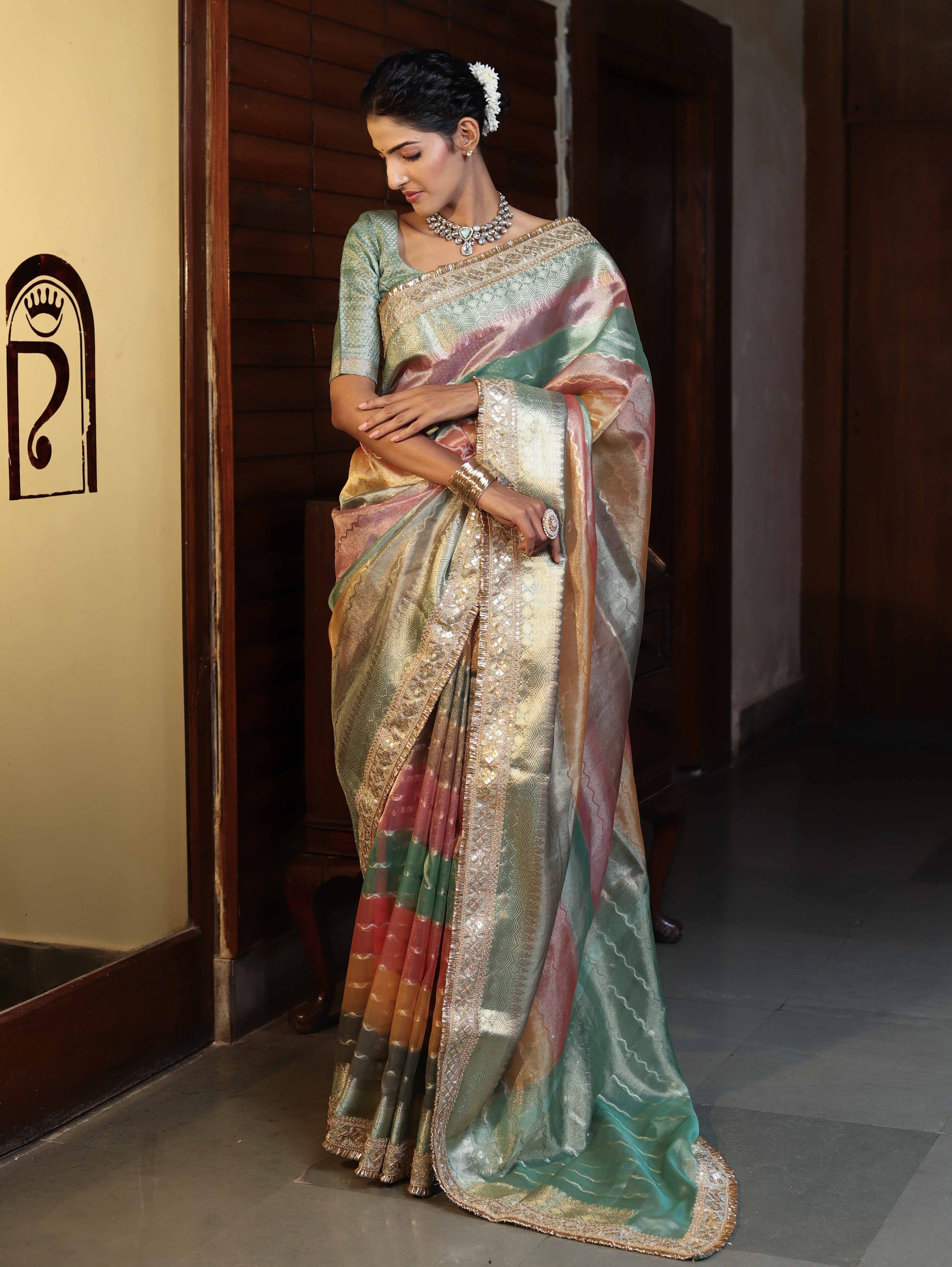 Banarasee Handwoven Tissue Saree With Curve Stripe Pattern Zari Border & Lace-Multicolor