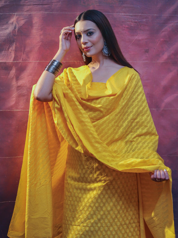 Banarasee Handloom Pure Cotton Silk Salwar Kameez Fabric With Dupatta-Yellow
