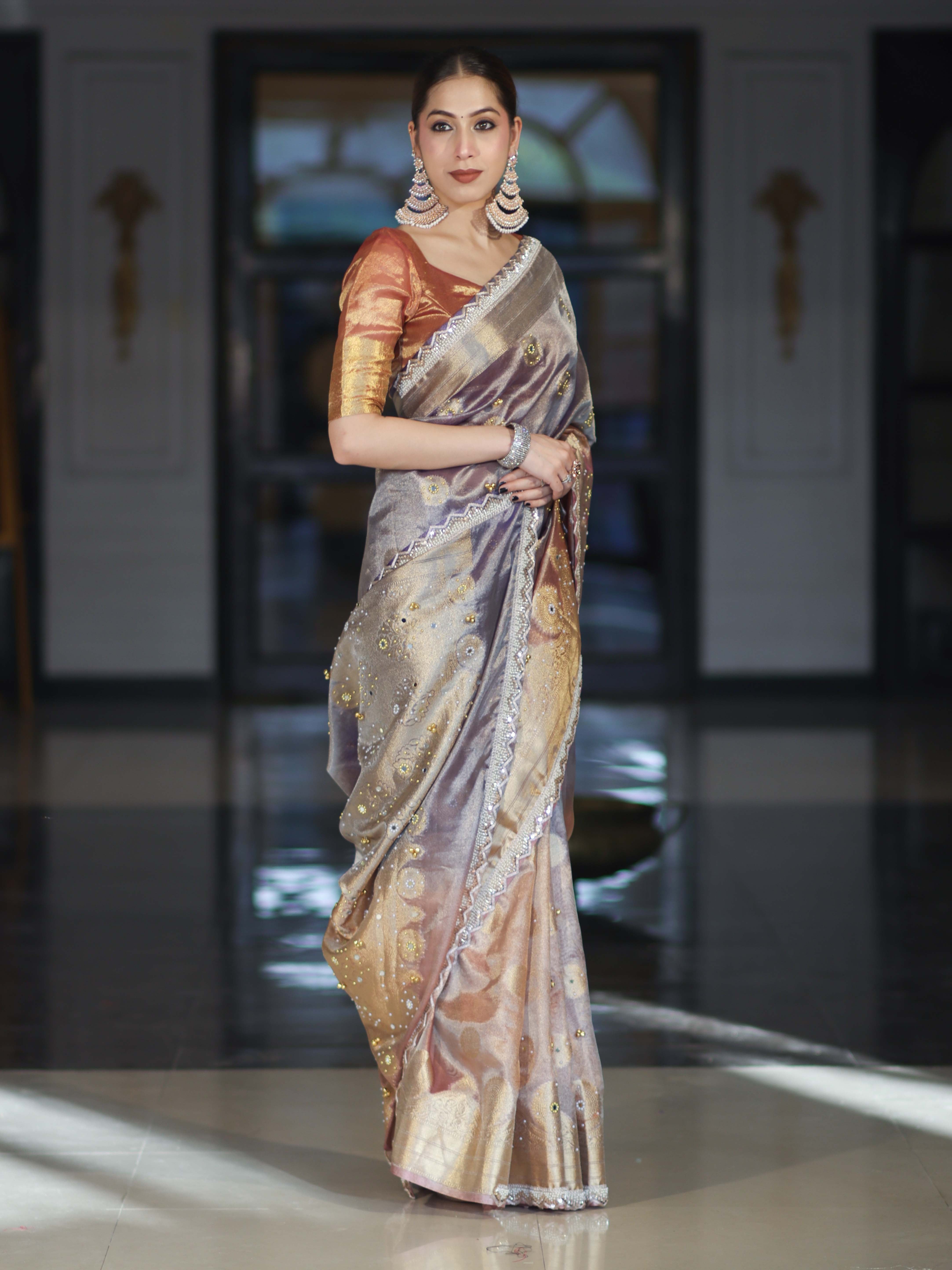 Banarasee Tissue Hand Embroidered Mirror Work Saree With Ghungroo Work & Lace Border-Violet & Pink