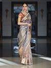 Banarasee Tissue Hand Embroidered Mirror Work Saree With Ghungroo Work & Lace Border-Violet & Pink