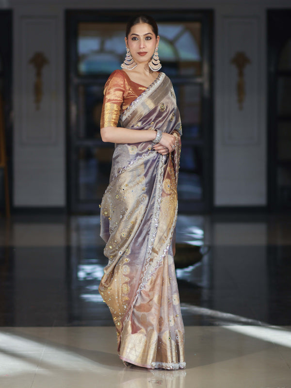 Banarasee Tissue Hand Embroidered Mirror Work Saree With Ghungroo Work & Lace Border-Violet & Pink