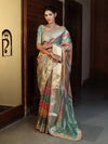 Banarasee Handwoven Tissue Saree With Curve Stripe Pattern Zari Border & Lace-Multicolor