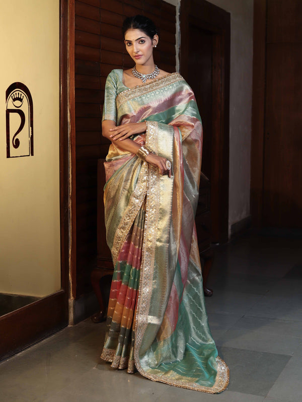 Banarasee Handwoven Tissue Saree With Curve Stripe Pattern Zari Border & Lace-Multicolor