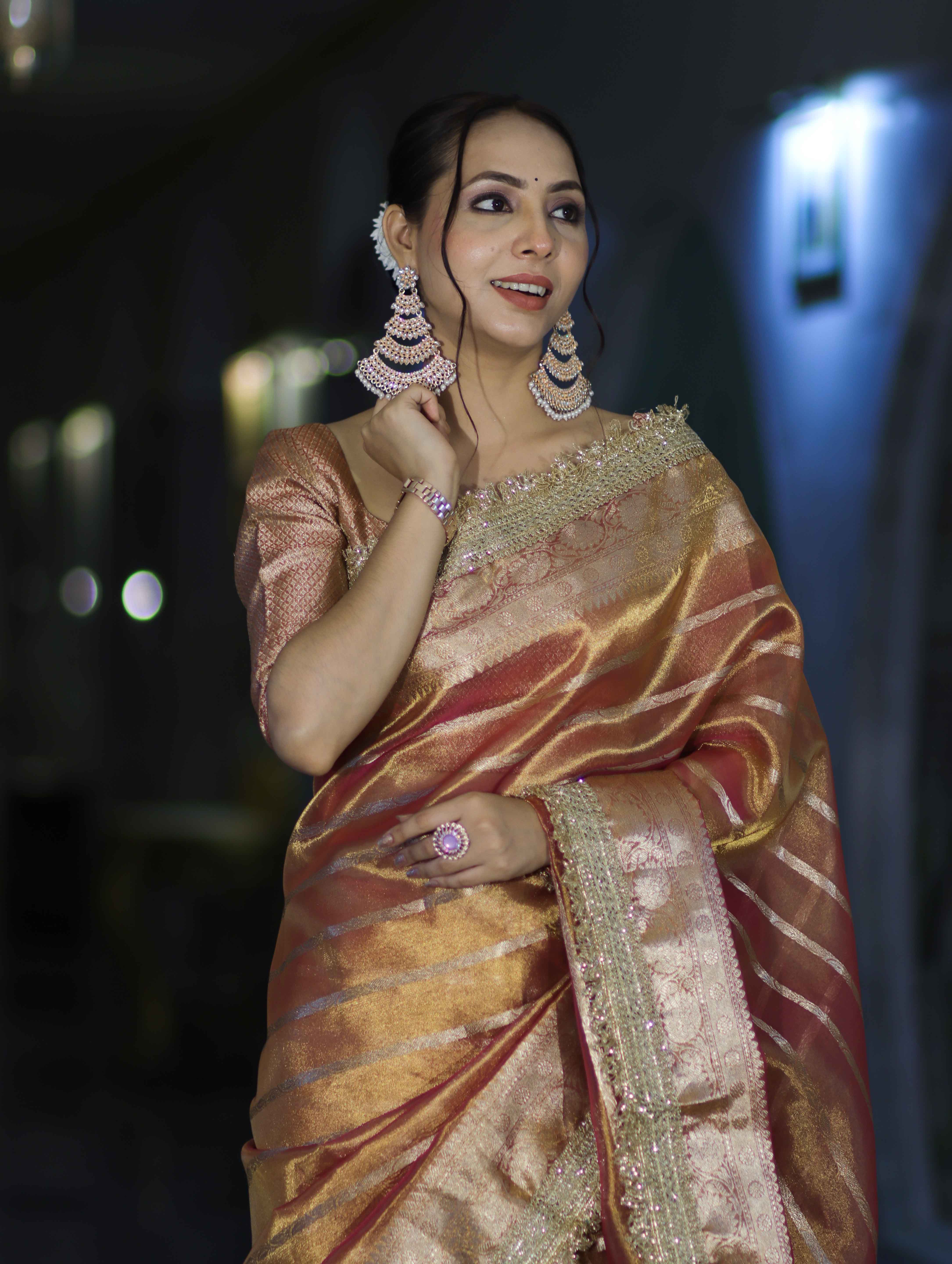 Banarasee Handwoven Tissue Saree With Zari Stripe Pattern Border & Lace-Peach