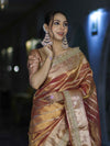 Banarasee Handwoven Tissue Saree With Zari Stripe Pattern Border & Lace-Peach