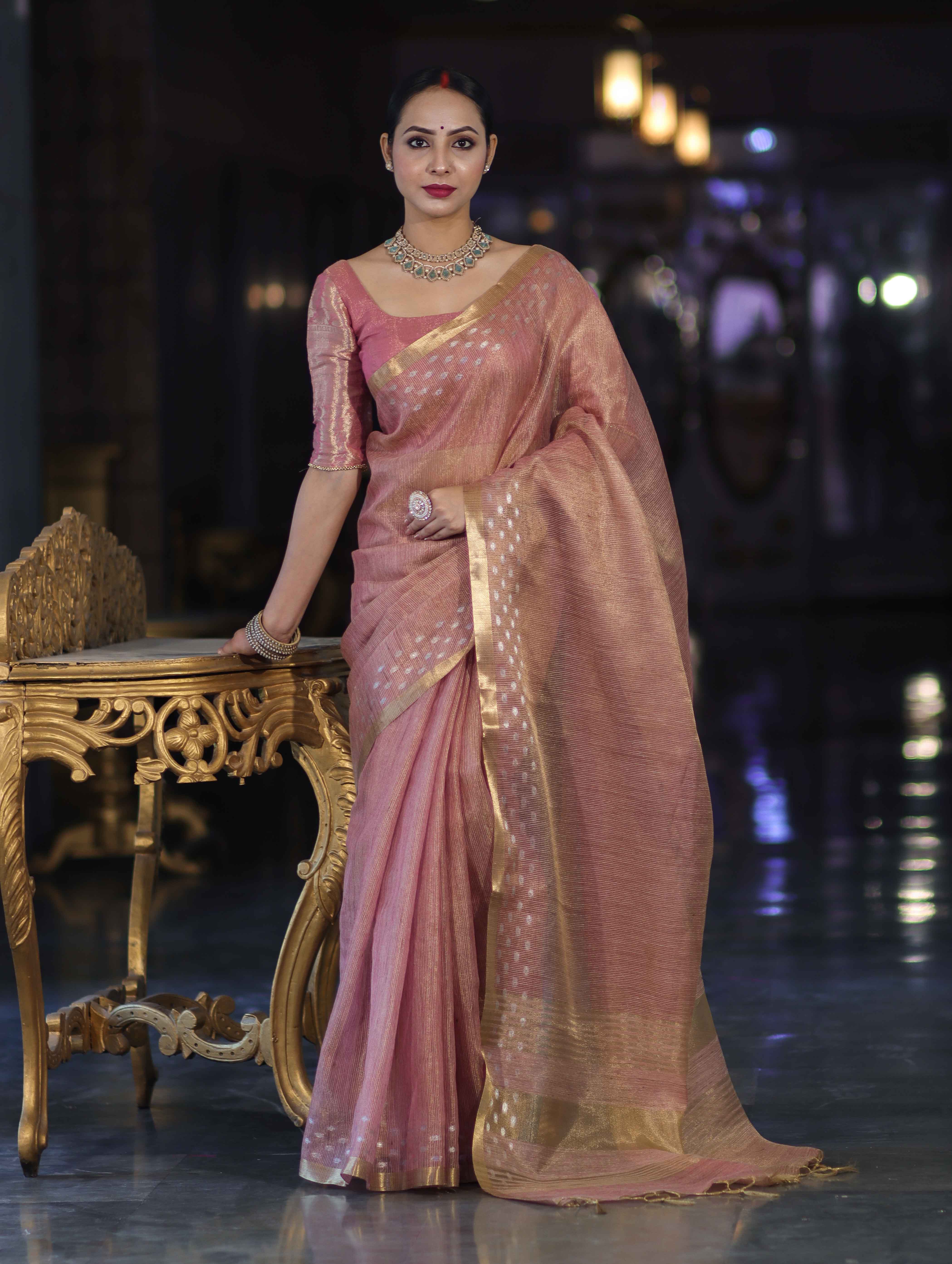 Banarasee Handwoven Tissue Saree With Zari Checks & Border-Peachy Pink