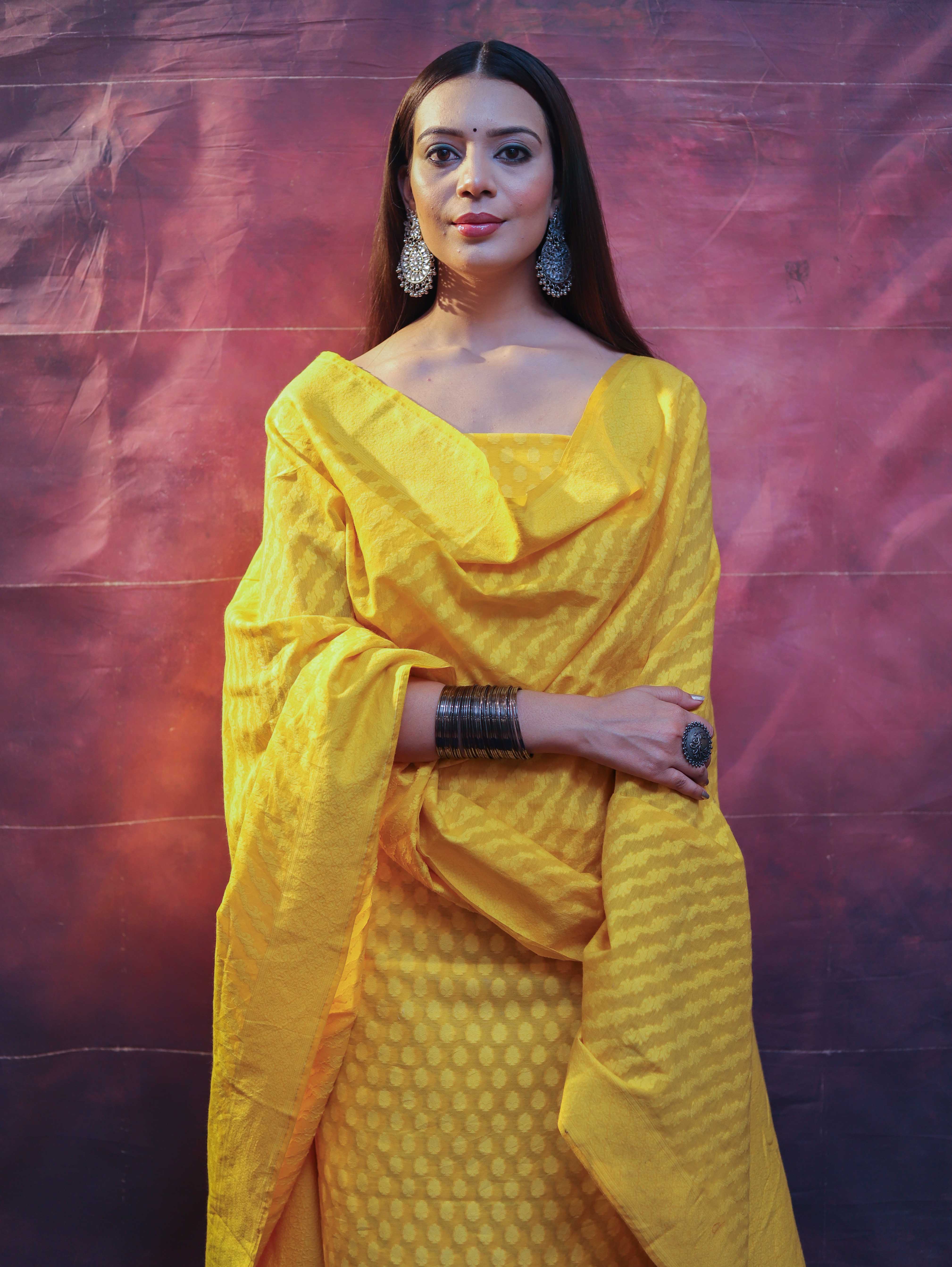 Banarasee Handloom Pure Cotton Silk Salwar Kameez Fabric With Dupatta-Yellow