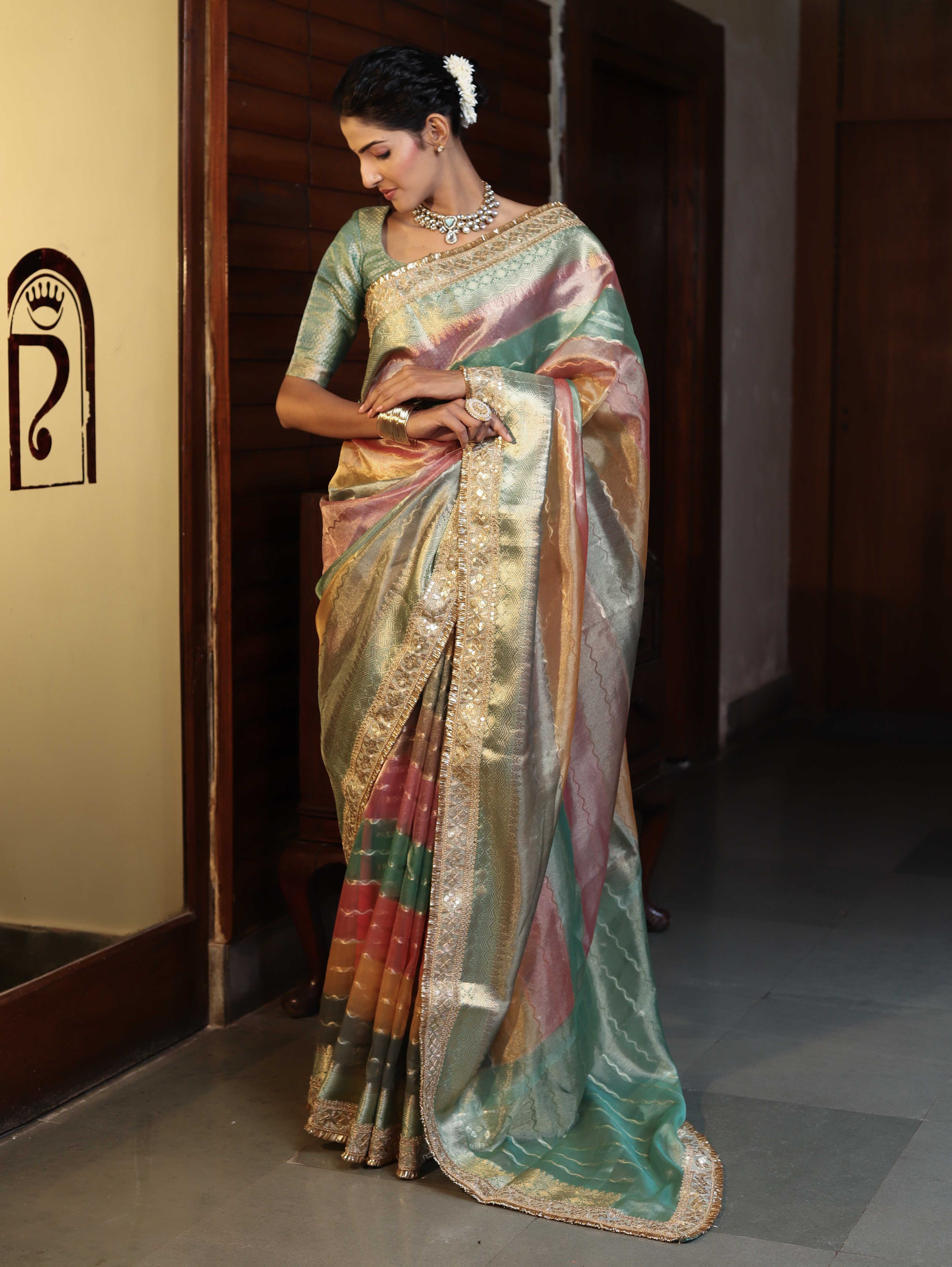 Banarasee Handwoven Tissue Saree With Curve Stripe Pattern Zari Border & Lace-Multicolor