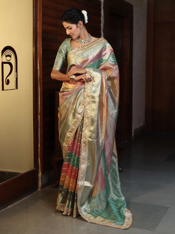 Banarasee Handwoven Tissue Saree With Curve Stripe Pattern Zari Border & Lace-Multicolor