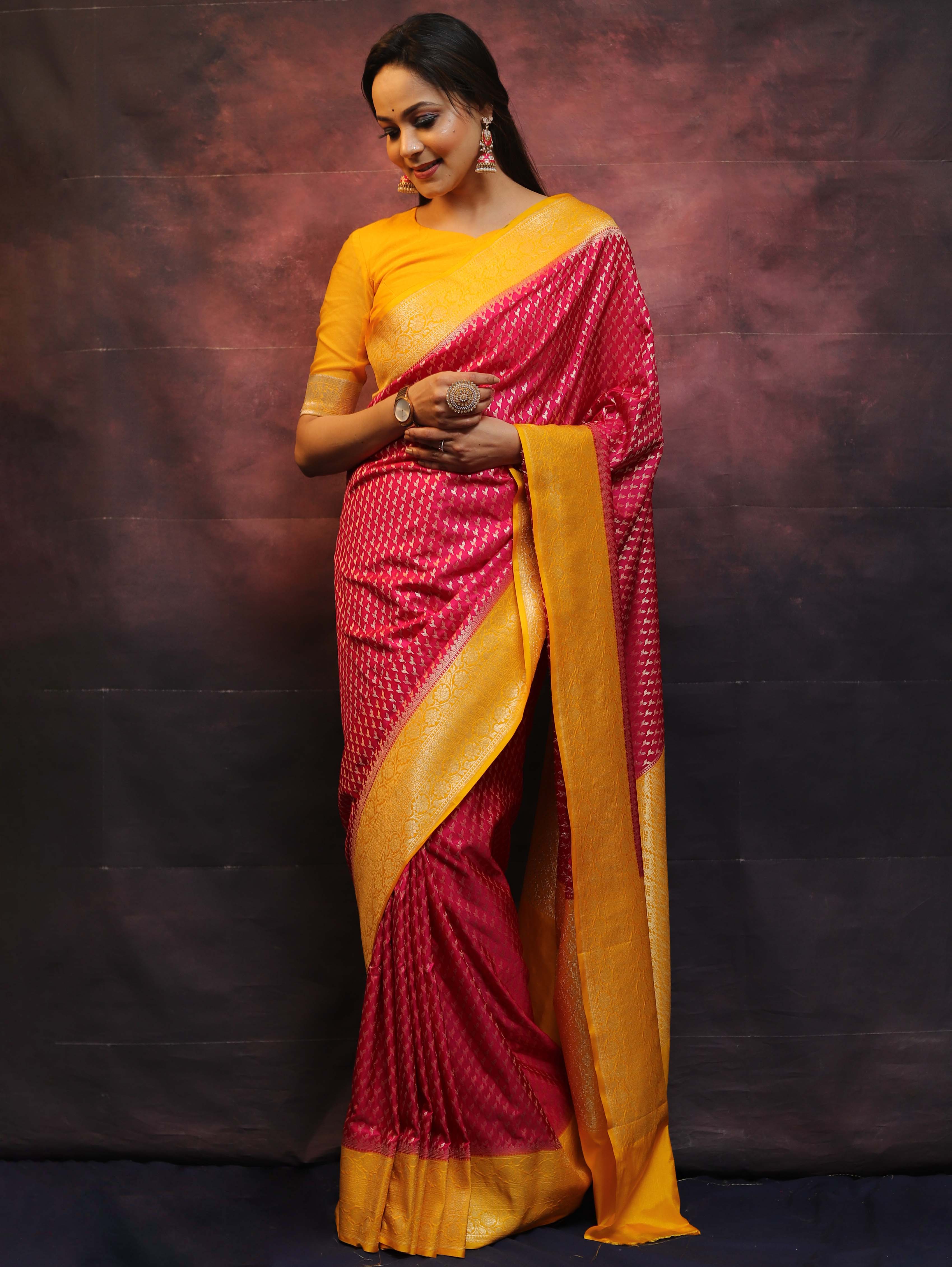 Banarasee Semi-Katan Zari Buta Saree-Pink & Yellow