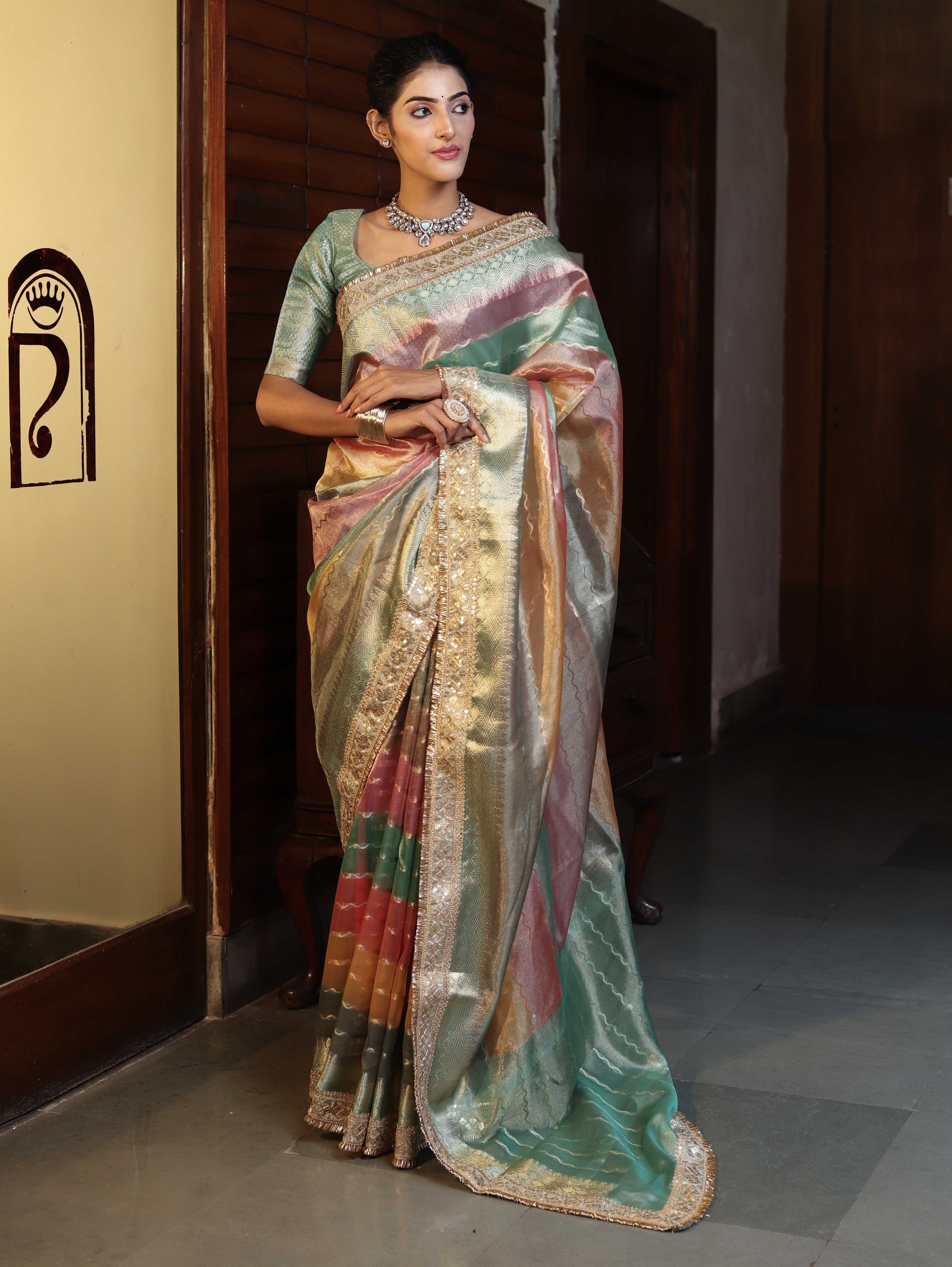 Banarasee Handwoven Tissue Saree With Curve Stripe Pattern Zari Border & Lace-Multicolor