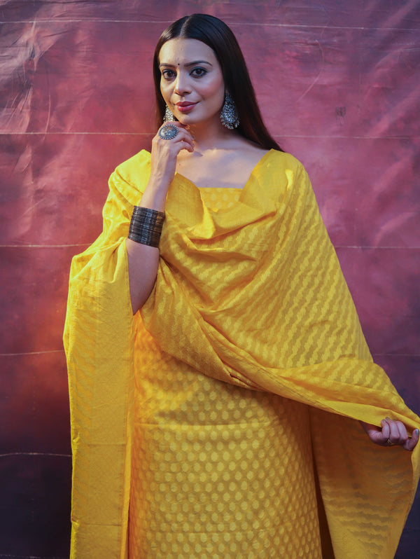 Banarasee Handloom Pure Cotton Silk Salwar Kameez Fabric With Dupatta-Yellow